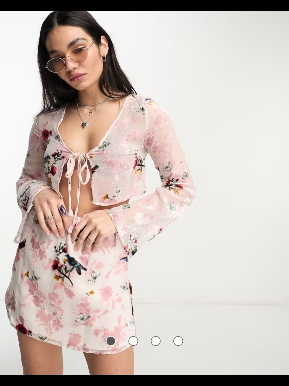 NWT Boho Sheer Floral Tie-Front Top in Light Pink